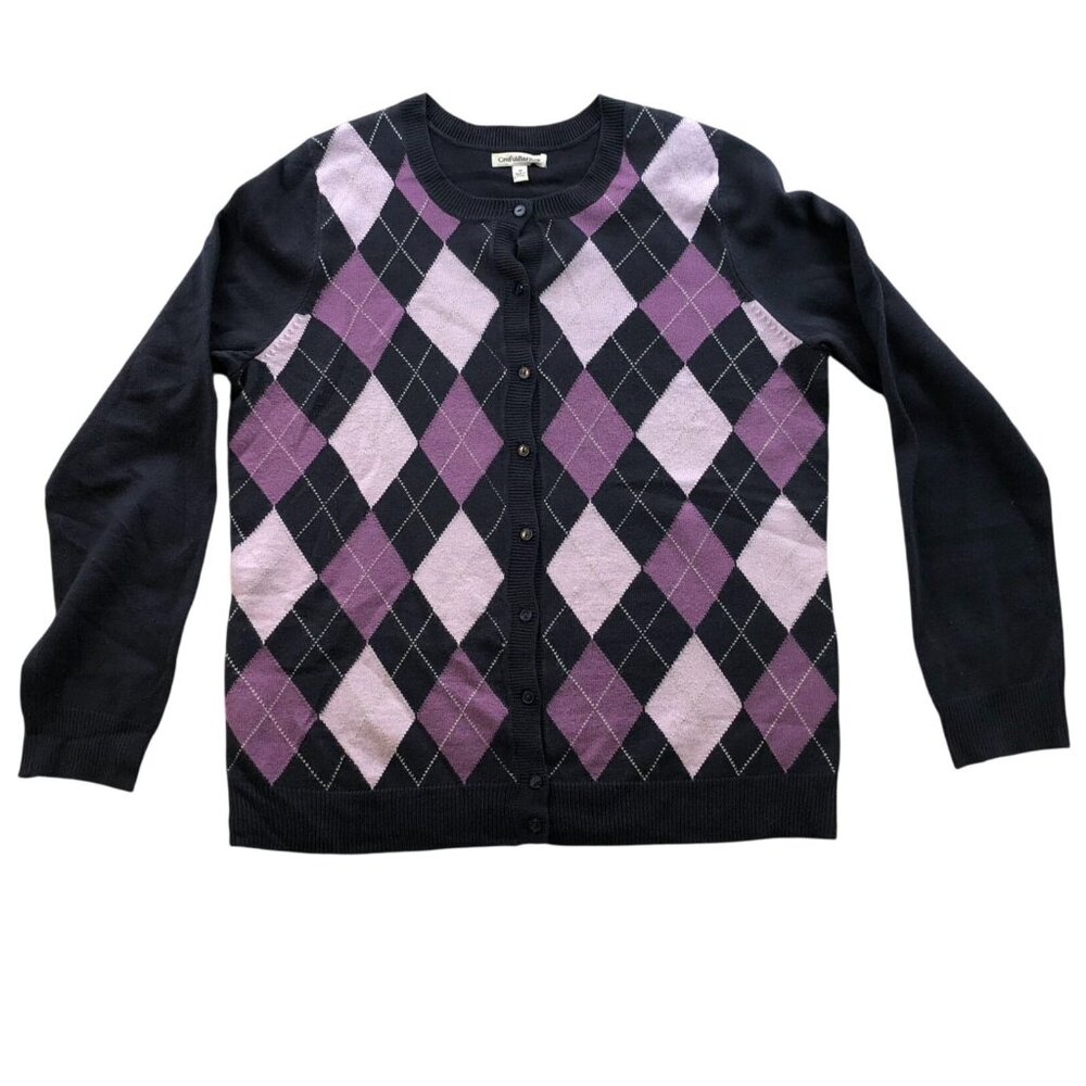 Croft & Barrow Womens Cardigan Sweater Medium Argyle Pattern Crew Neck Casual